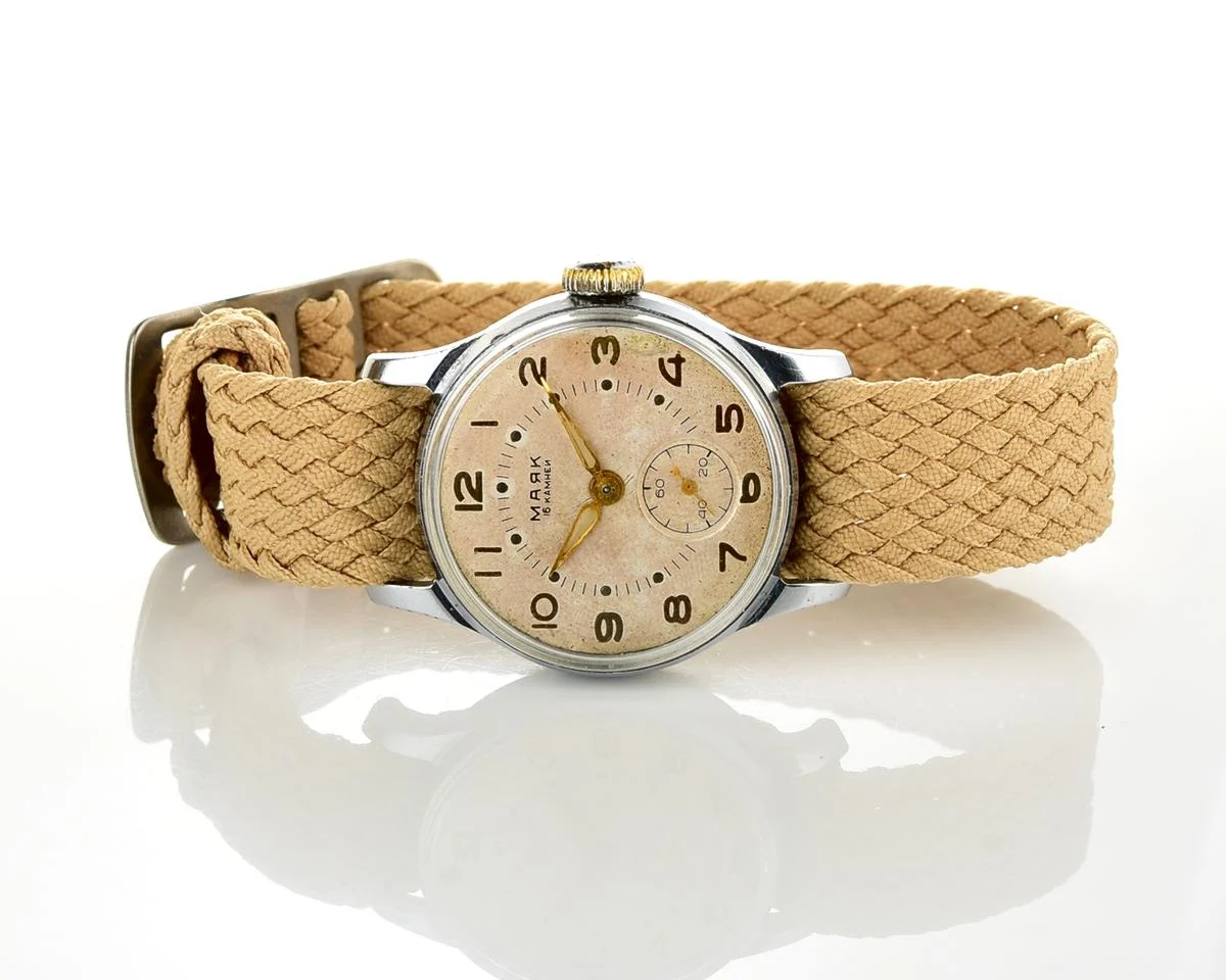 Vintage Soviet Mayak mechanical watch from 1950s - in hermetic case with perlon strap