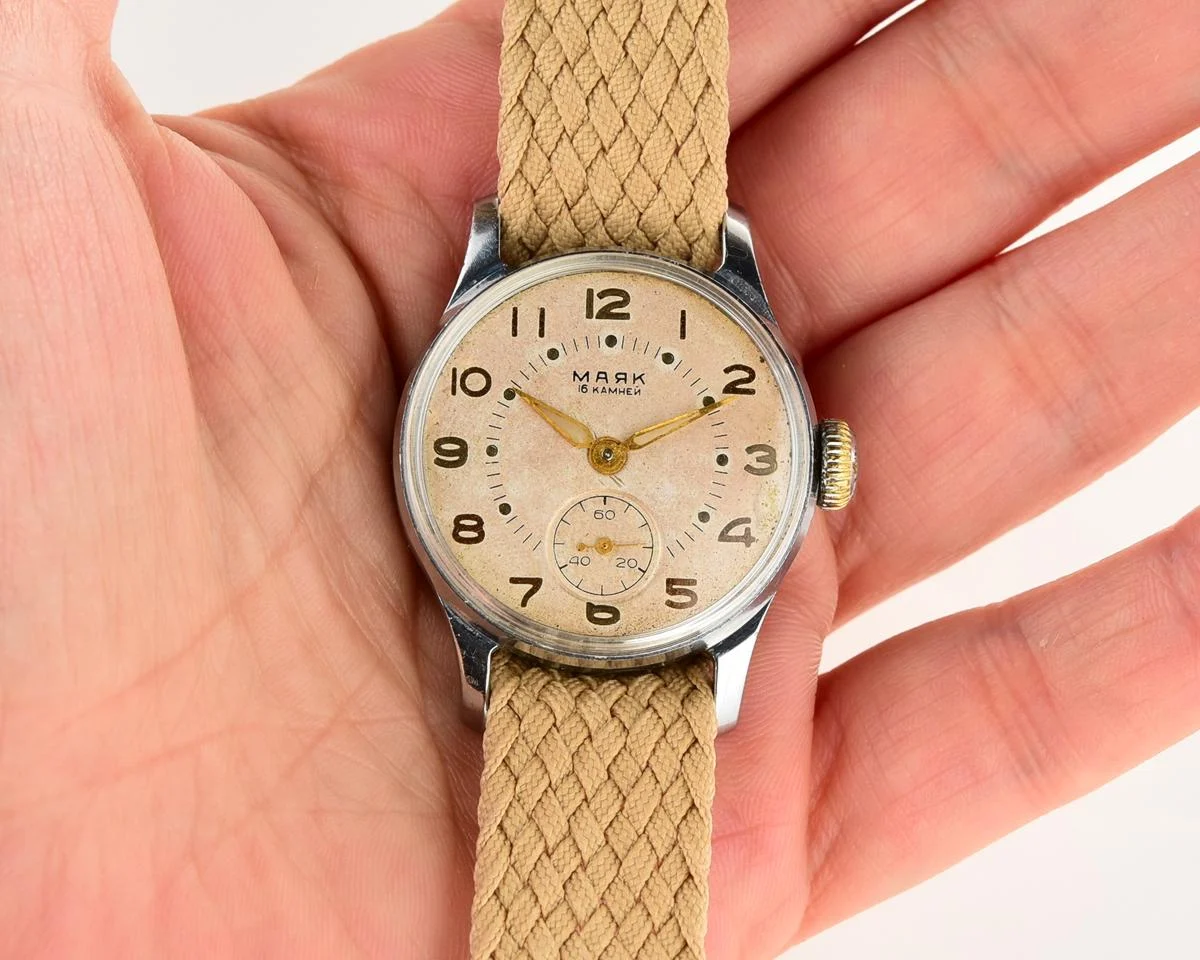 Vintage Soviet Mayak mechanical watch from 1950s - in hermetic case with perlon strap