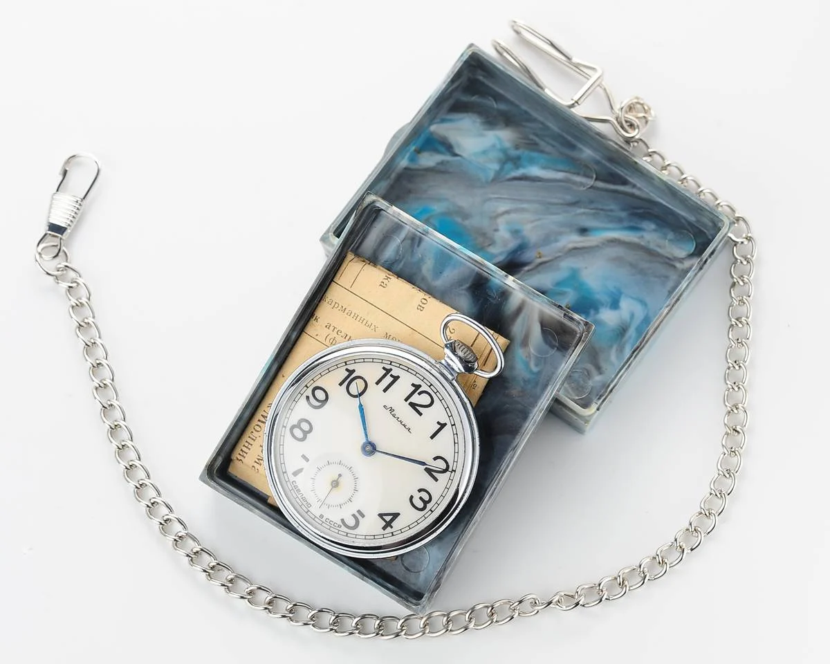 Vintage Molnija open face Soviet pocket watch - with box & passport!