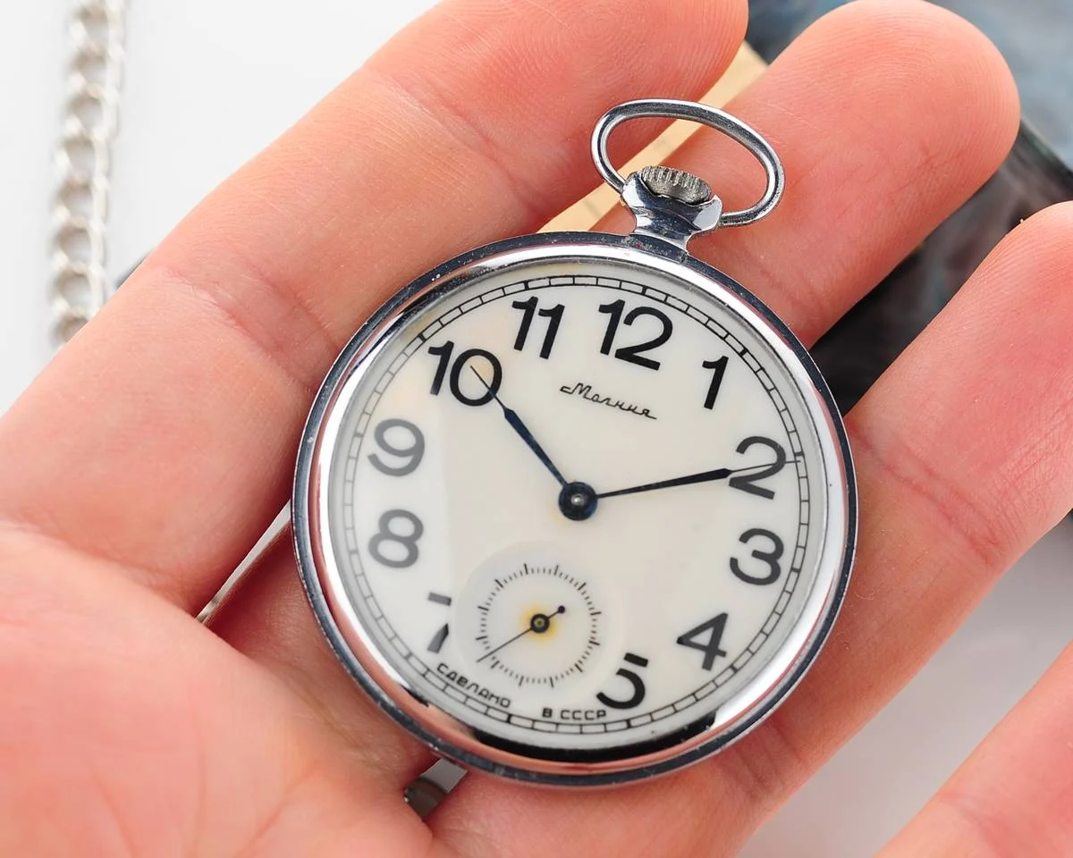 Vintage Molnija open face Soviet pocket watch - with box & passport!