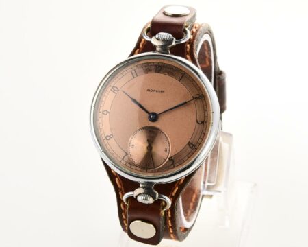Molnija open face vintage soviet watch from 1956 with custom made genuine leather strap