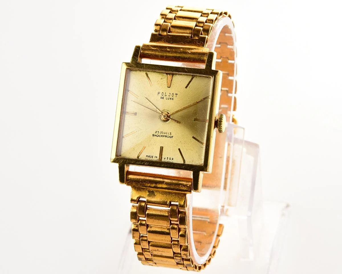 Rare! Beautiful vintage Poljot De Luxe mechanical gold-plated watch with original gold-plated bracelet