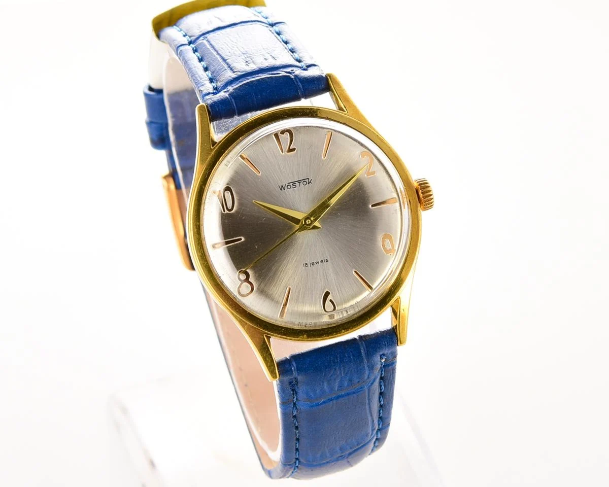 Wostok (Vostok) mechanical gold-plated wrist watch with engraved back