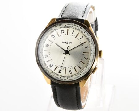 Vintage mechanical gold-plated Raketa watch with 24 hours dial