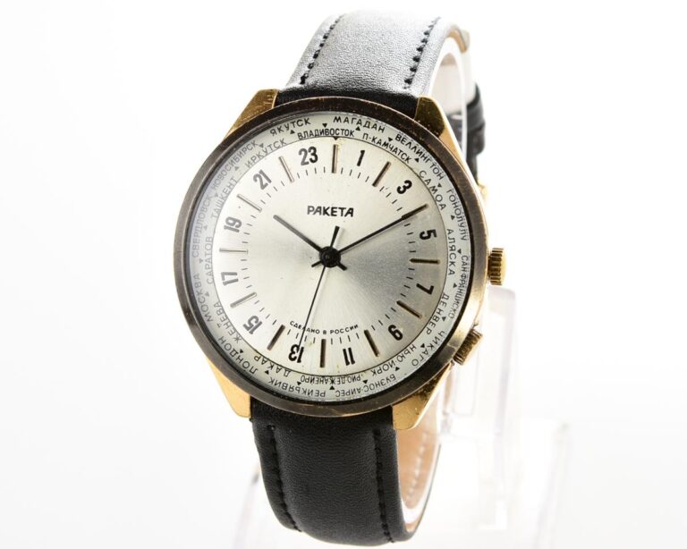Vintage mechanical gold-plated Raketa watch with 24 hours dial