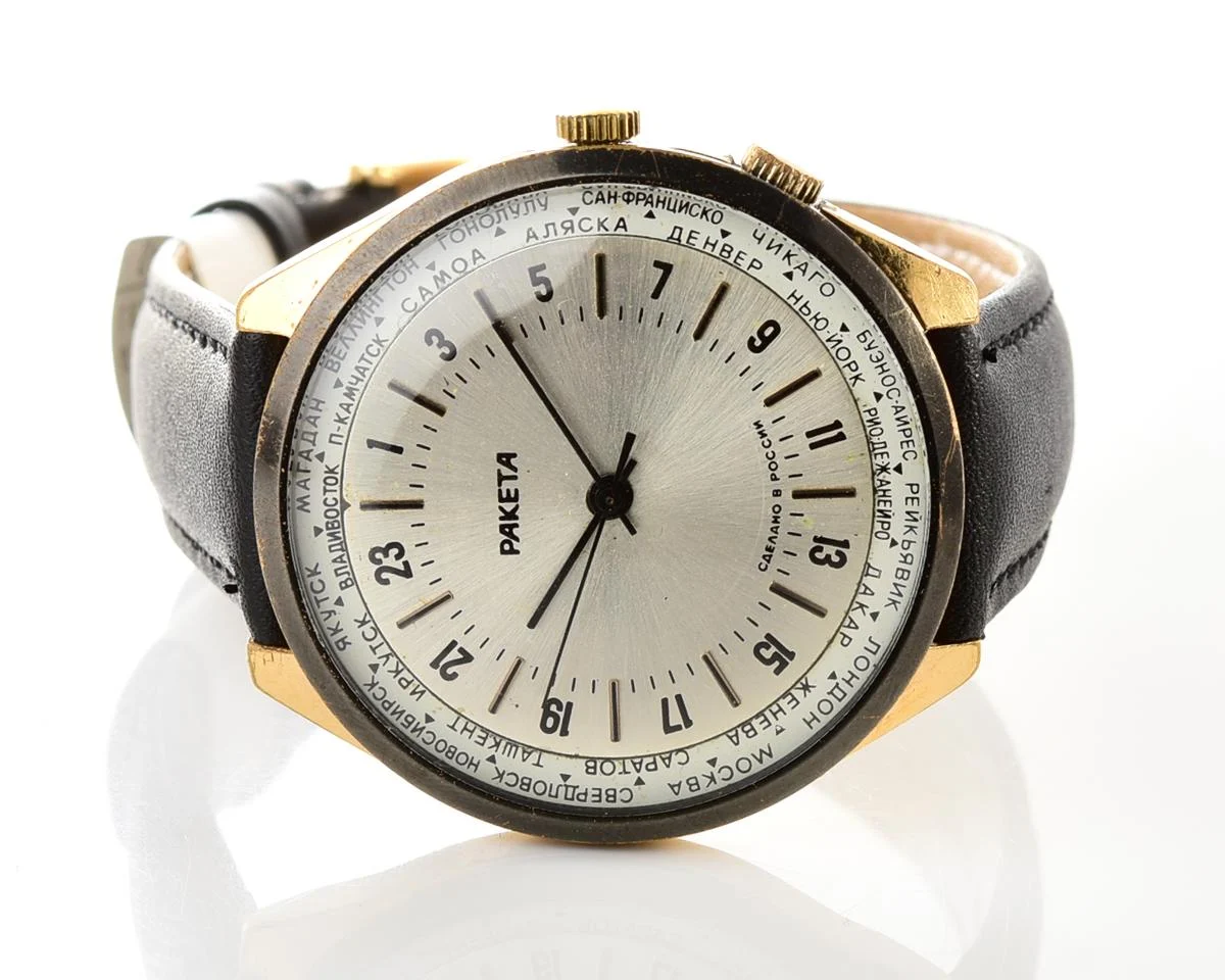 Vintage mechanical gold-plated Raketa watch with 24 hours dial
