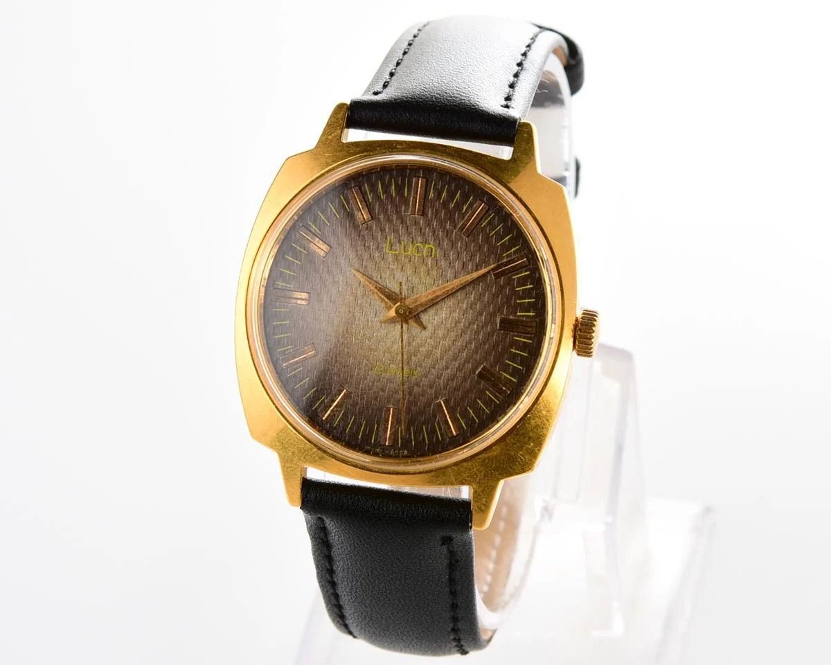 Luch vintage Soviet gold-plated watch with intricate dial