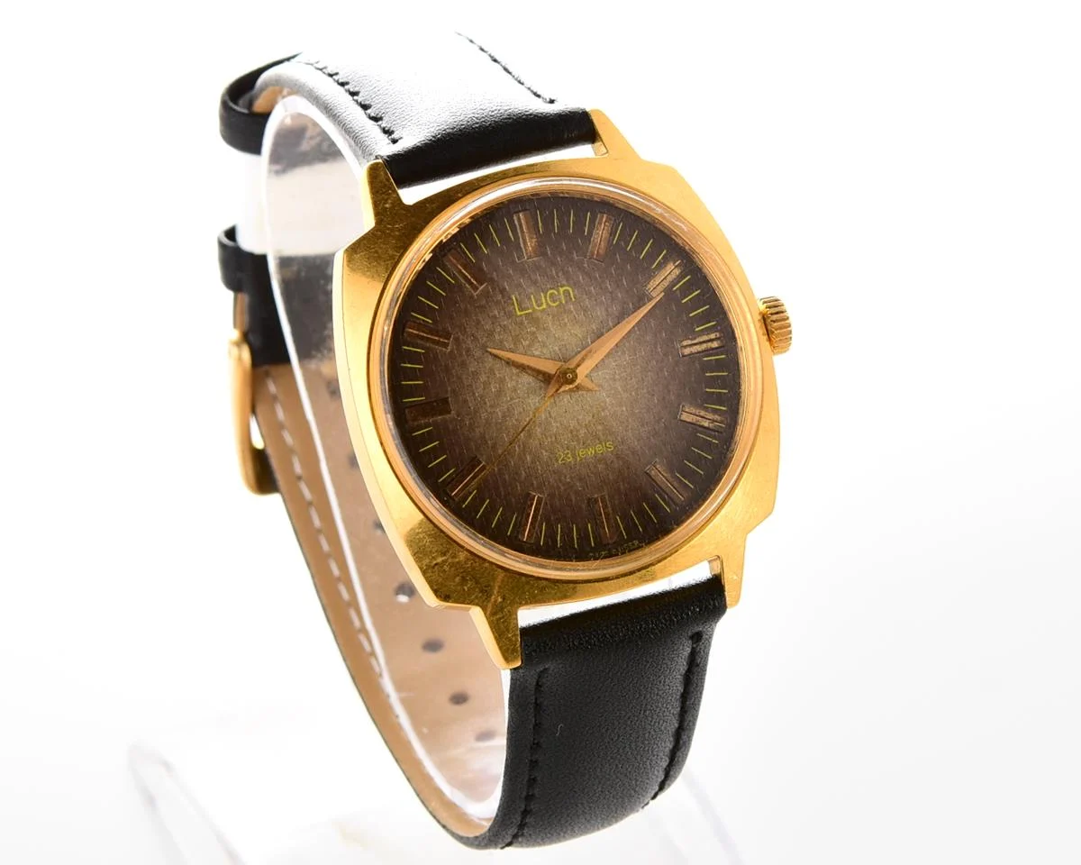 Luch vintage Soviet gold-plated watch with intricate dial