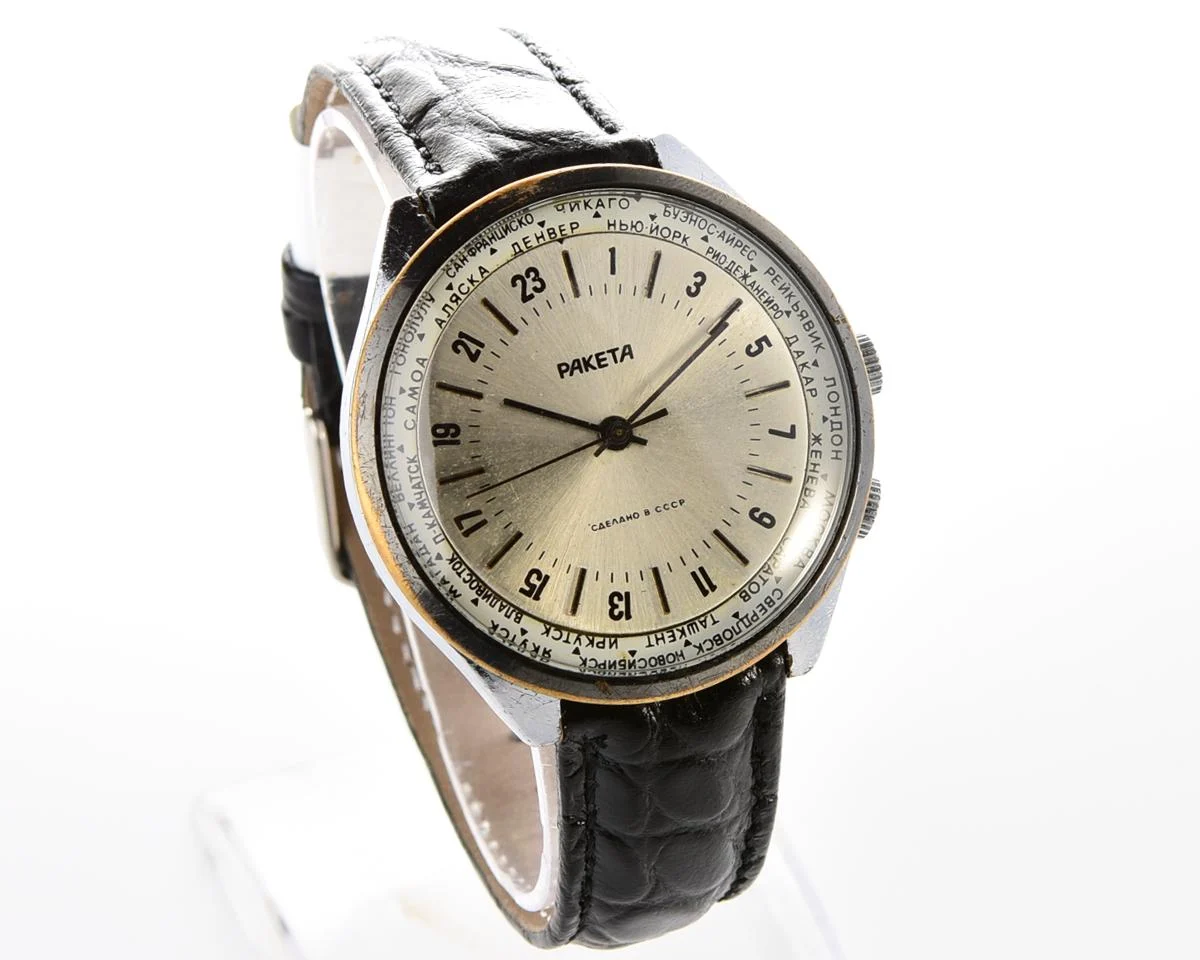 Vintage mechanical Raketa watch with 24 hours dial