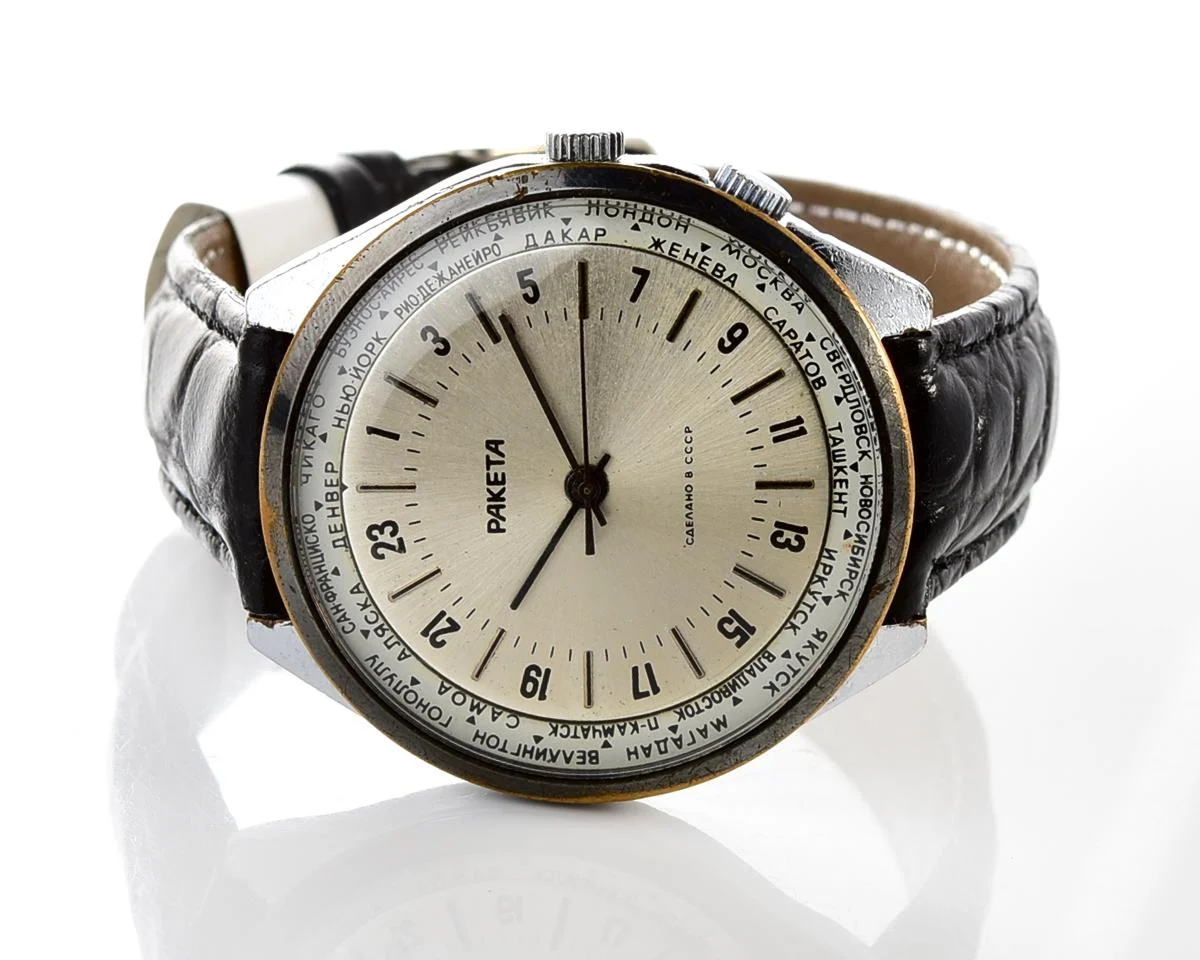 Vintage mechanical Raketa watch with 24 hours dial
