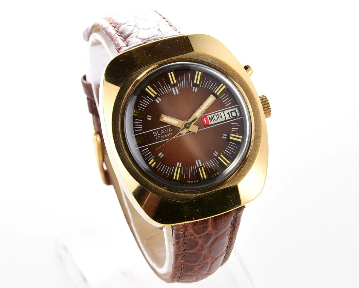 Slava Soviet gold-plated mechanical vintage watch – automatic self winding movement