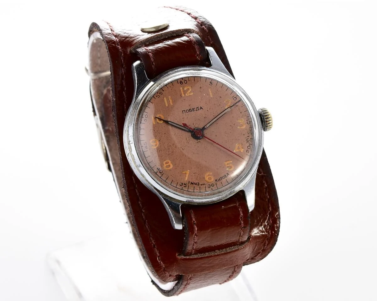 Rare! Vintage Pobeda watch with central seconds hand, bronze dial & uncommon hermetic case, from 3rd quarter of 1954