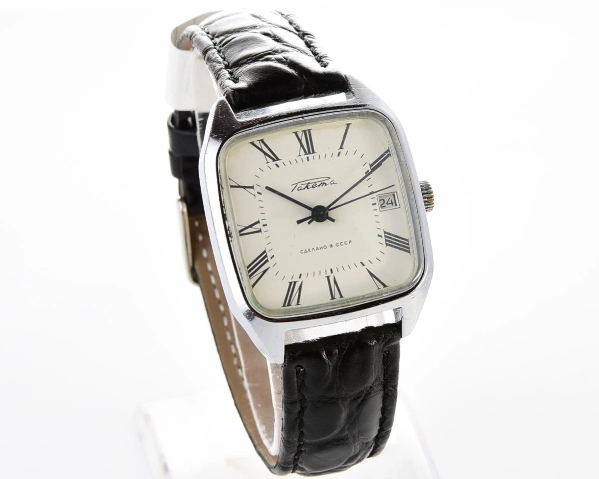 Vintage Soviet Raketa mechanical watch with roman dial and engraved back