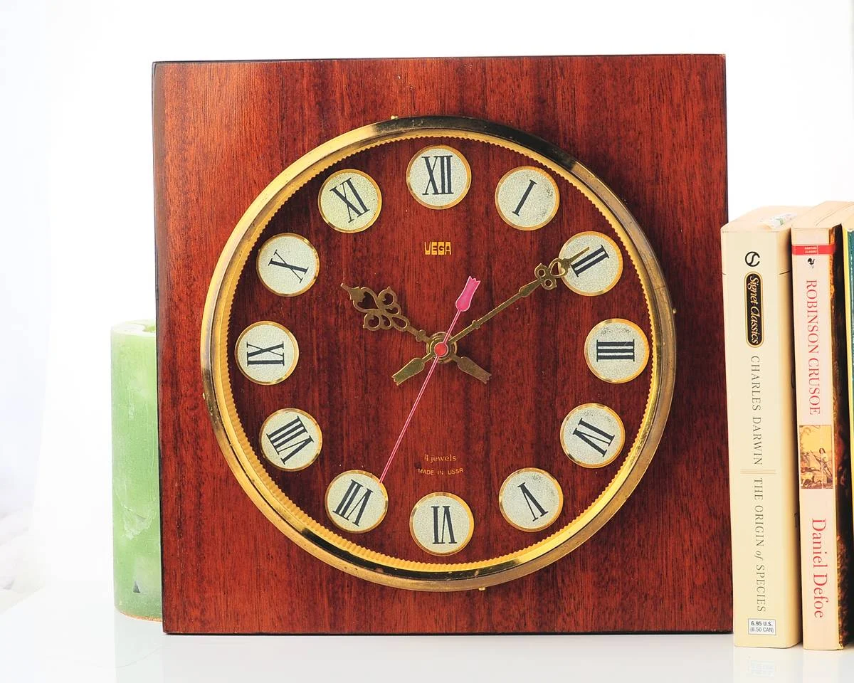 Vega (Yantar) vintage Soviet mechanical wall clock - 7.9 inches dial diameter