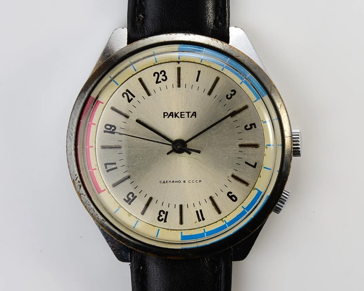 Vintage mechanical Raketa watch with 24 hours dial