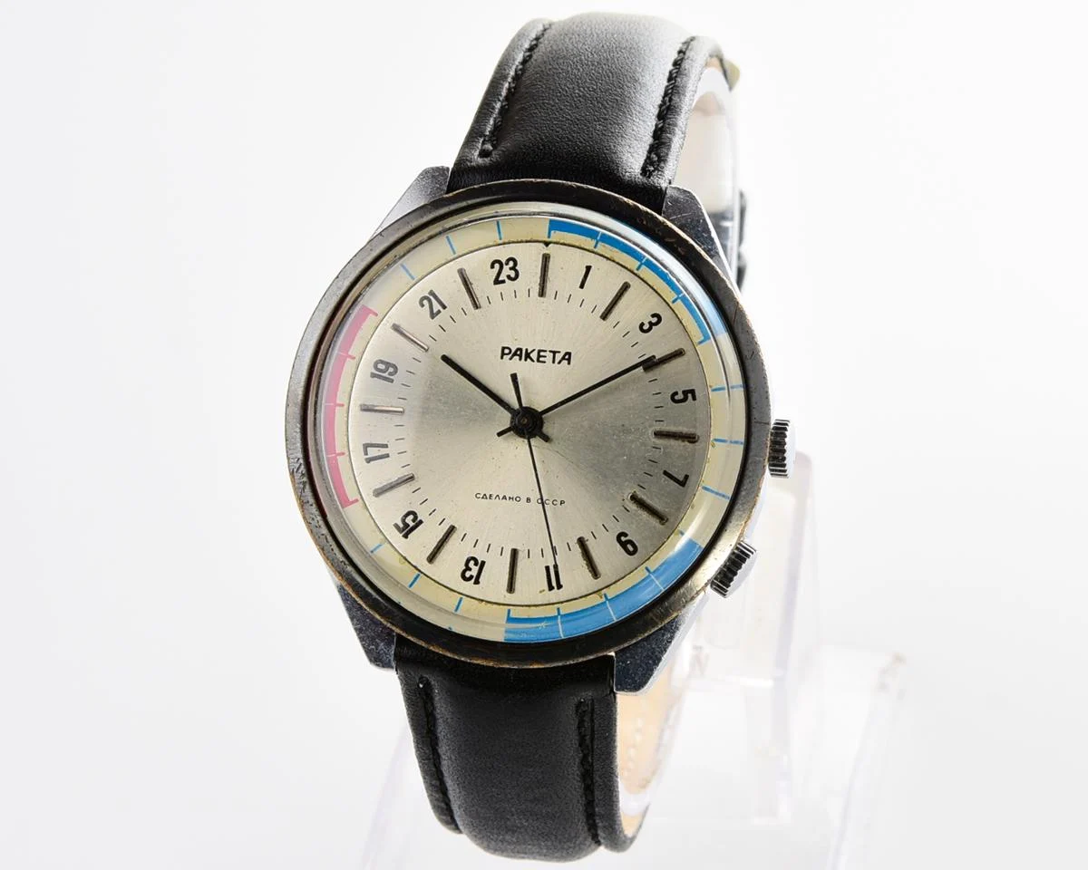 Vintage mechanical Raketa watch with 24 hours dial