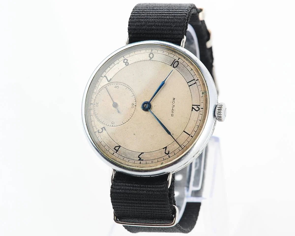 Molnija open face vintage Soviet watch from 1952 with nylon wrist strap