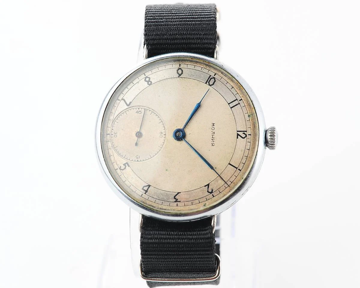 Molnija open face vintage Soviet watch from 1952 with nylon wrist strap