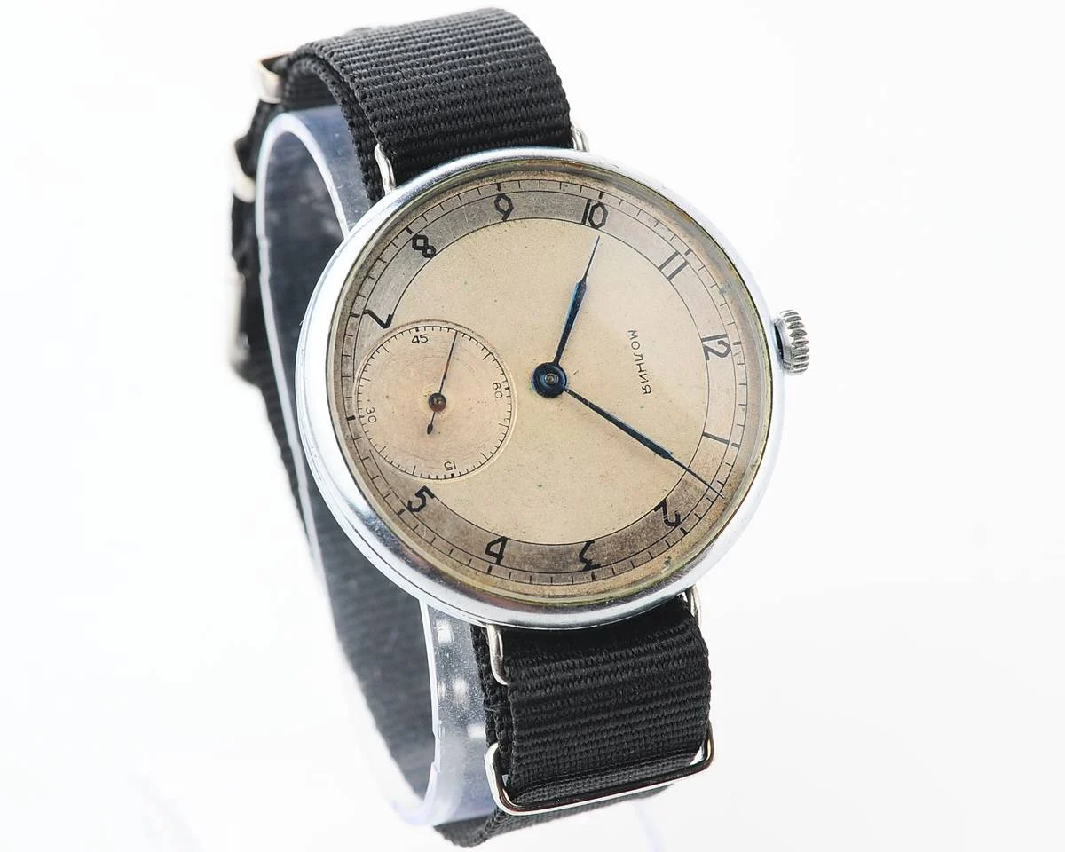 Molnija open face vintage Soviet watch from 1952 with nylon wrist strap