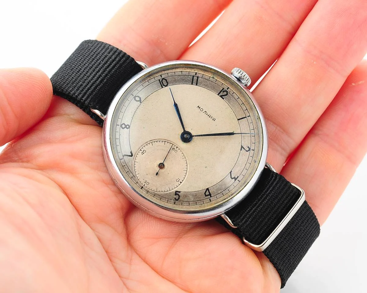 Molnija open face vintage Soviet watch from 1952 with nylon wrist strap