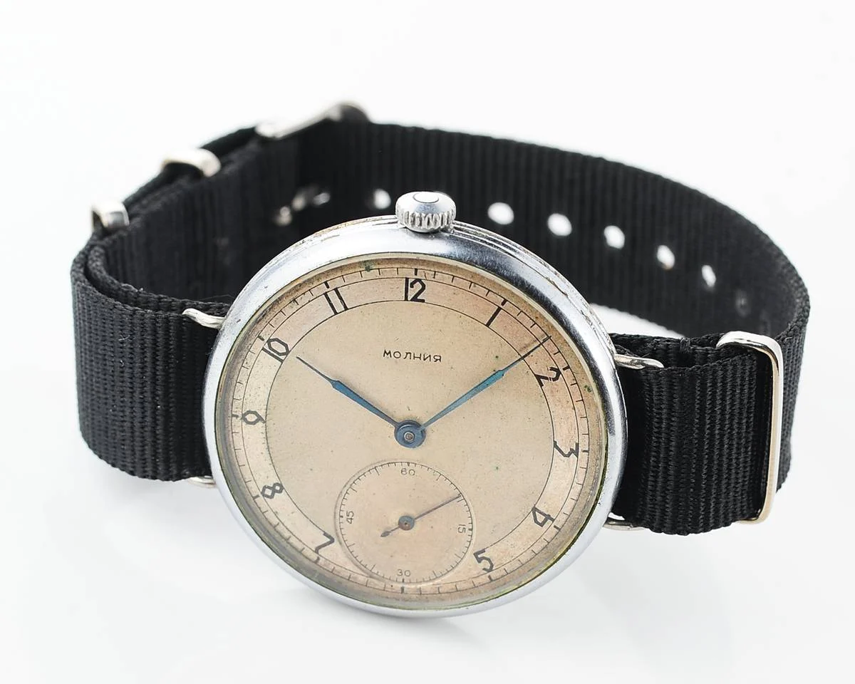 Molnija open face vintage Soviet watch from 1952 with nylon wrist strap