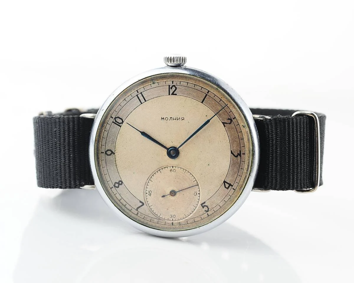 Molnija open face vintage Soviet watch from 1952 with nylon wrist strap