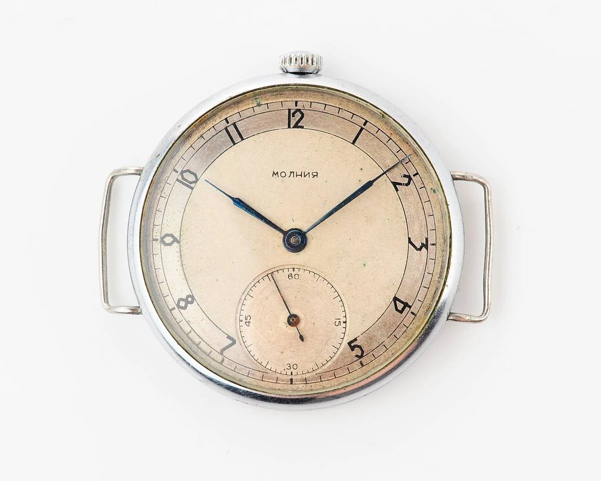 Molnija open face vintage Soviet watch from 1952 with nylon wrist strap