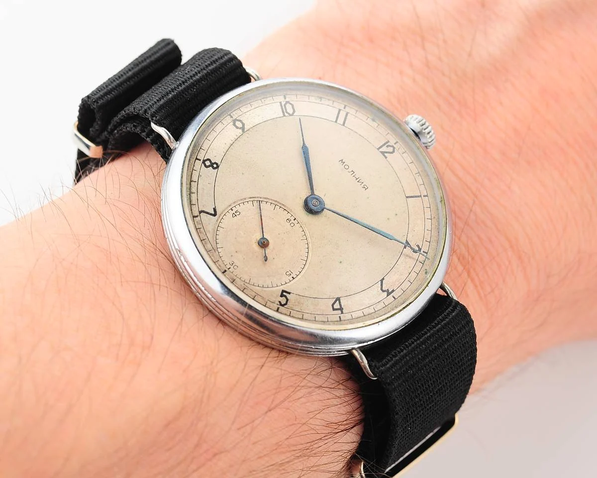 Molnija open face vintage Soviet watch from 1952 with nylon wrist strap