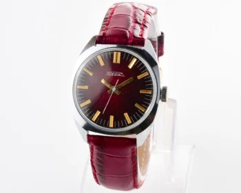 Vintage Soviet Raketa mechanical watch with stark crimson dial