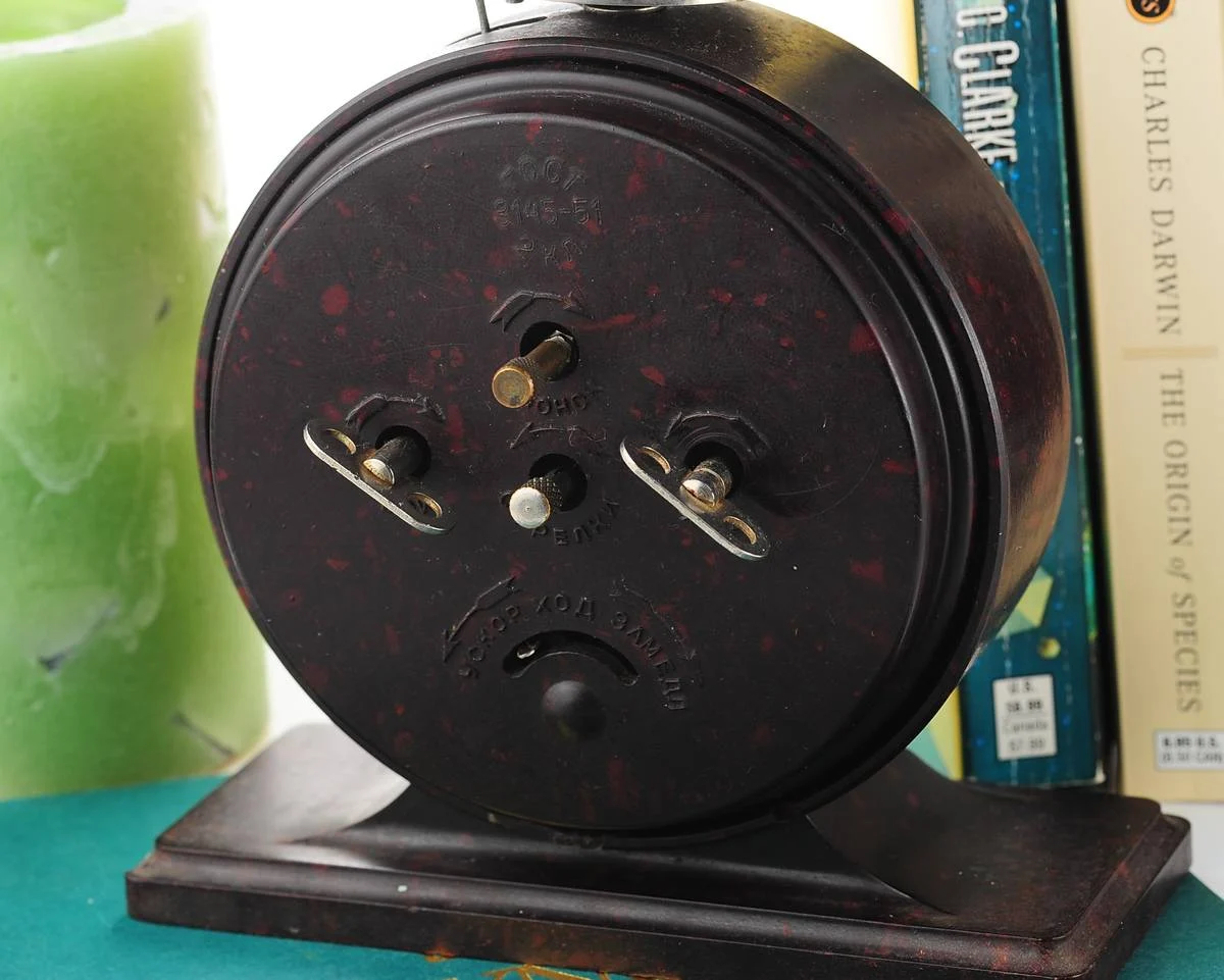 Vintage Yantar' Soviet mechanical alarm clock - dark brown, 3.5 inches dial diameter