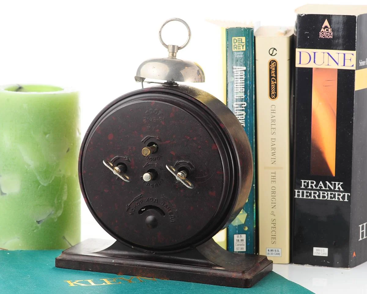 Vintage Yantar' Soviet mechanical alarm clock - dark brown, 3.5 inches dial diameter