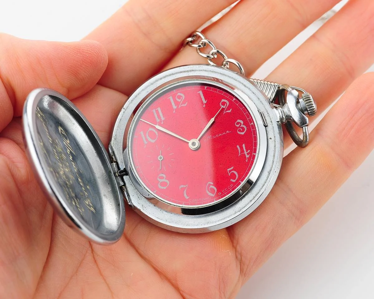 Molnija pocket watch with grouse bird & red dial