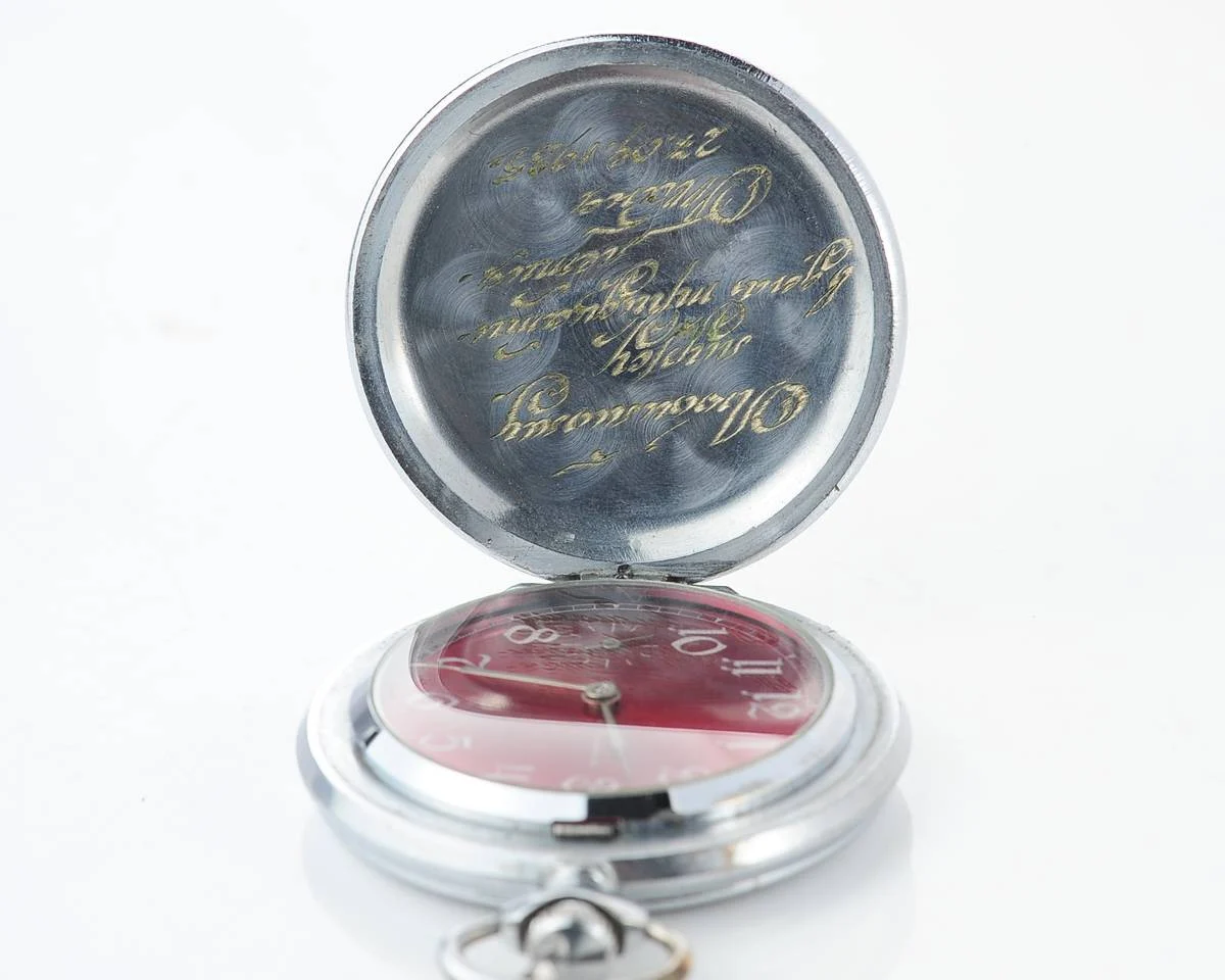 Molnija pocket watch with grouse bird & red dial