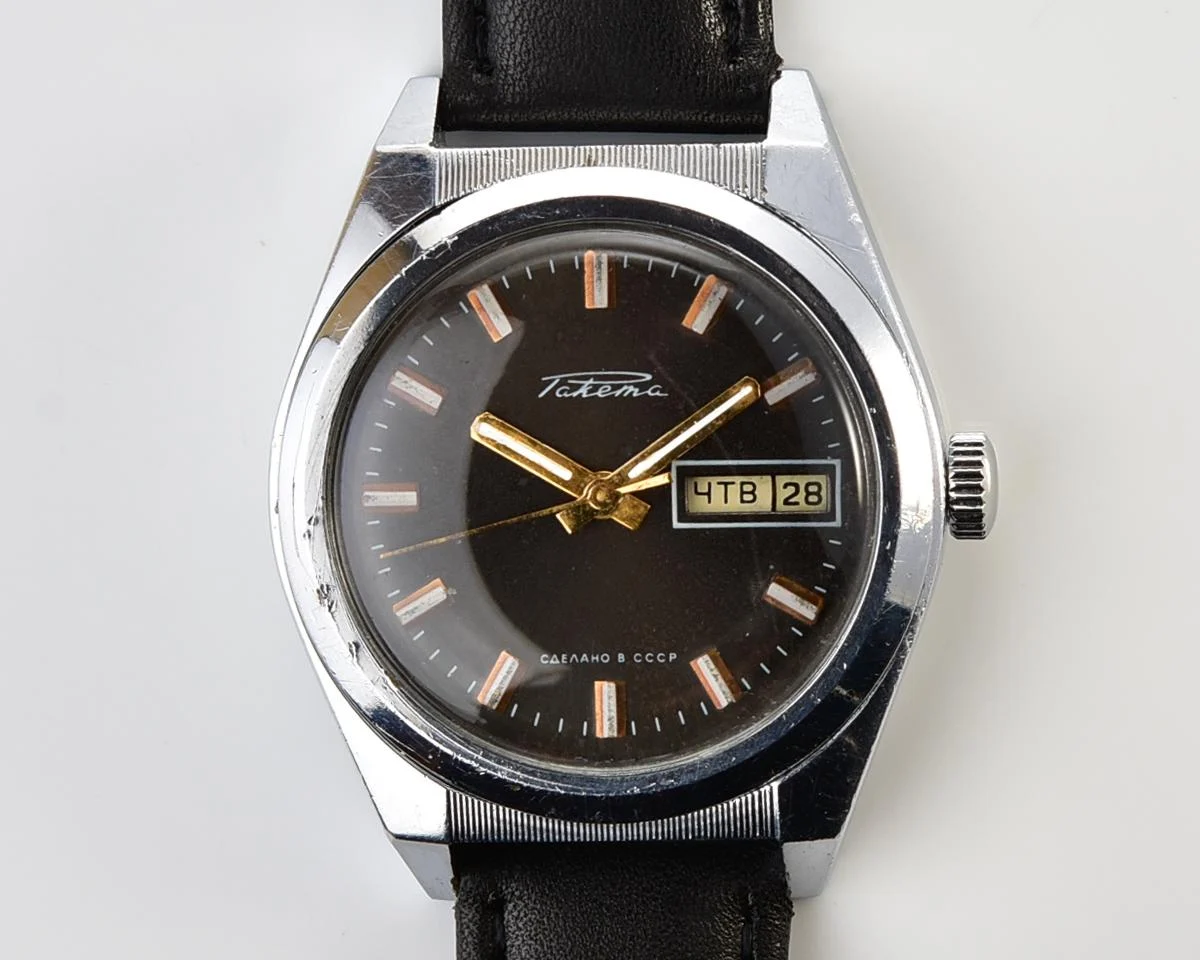 Raketa vintage mechanical wrist watch with double calendar