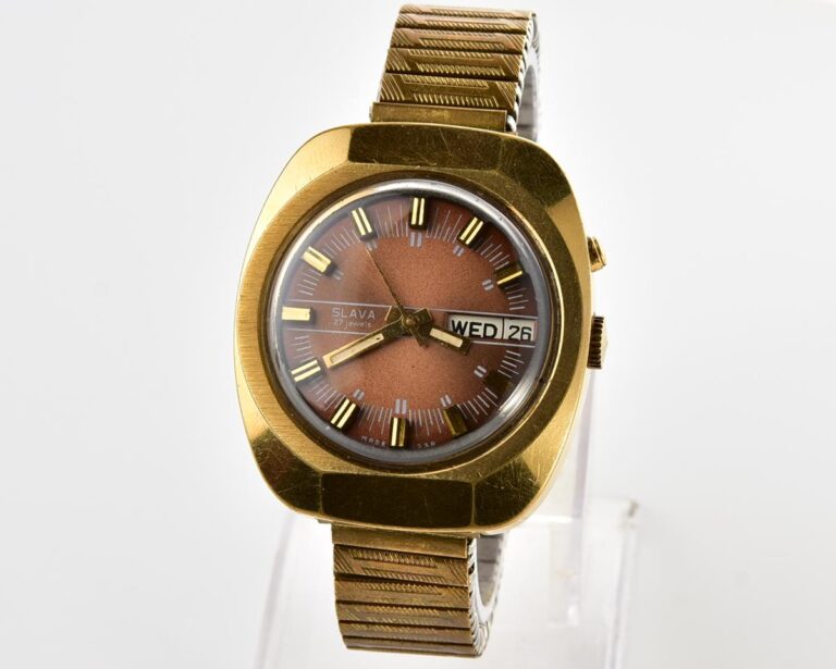 Slava vintage soviet gold-plated mechanical watch with automatic self-winding movement