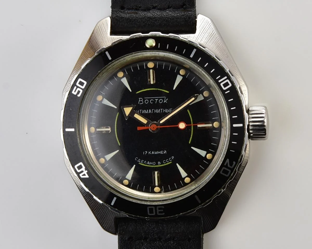Soviet Vostok Amphibia wristwatch with original black bezel