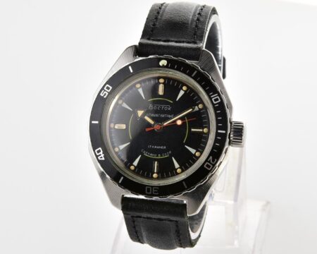 Black Vostok Amphibia wrist watch with original black bezel