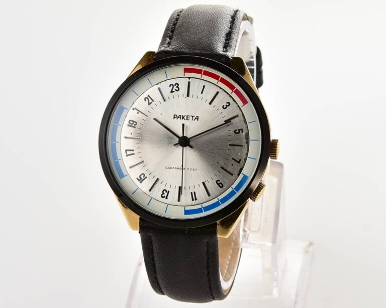 Excellent vintage mechanical gold-plated Raketa watch with 24 hours dial