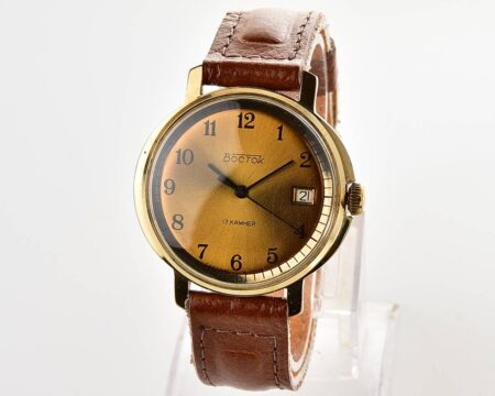 Large vintage gold-plated Wostok (Vostok) mechanical wrist watch with engraved back