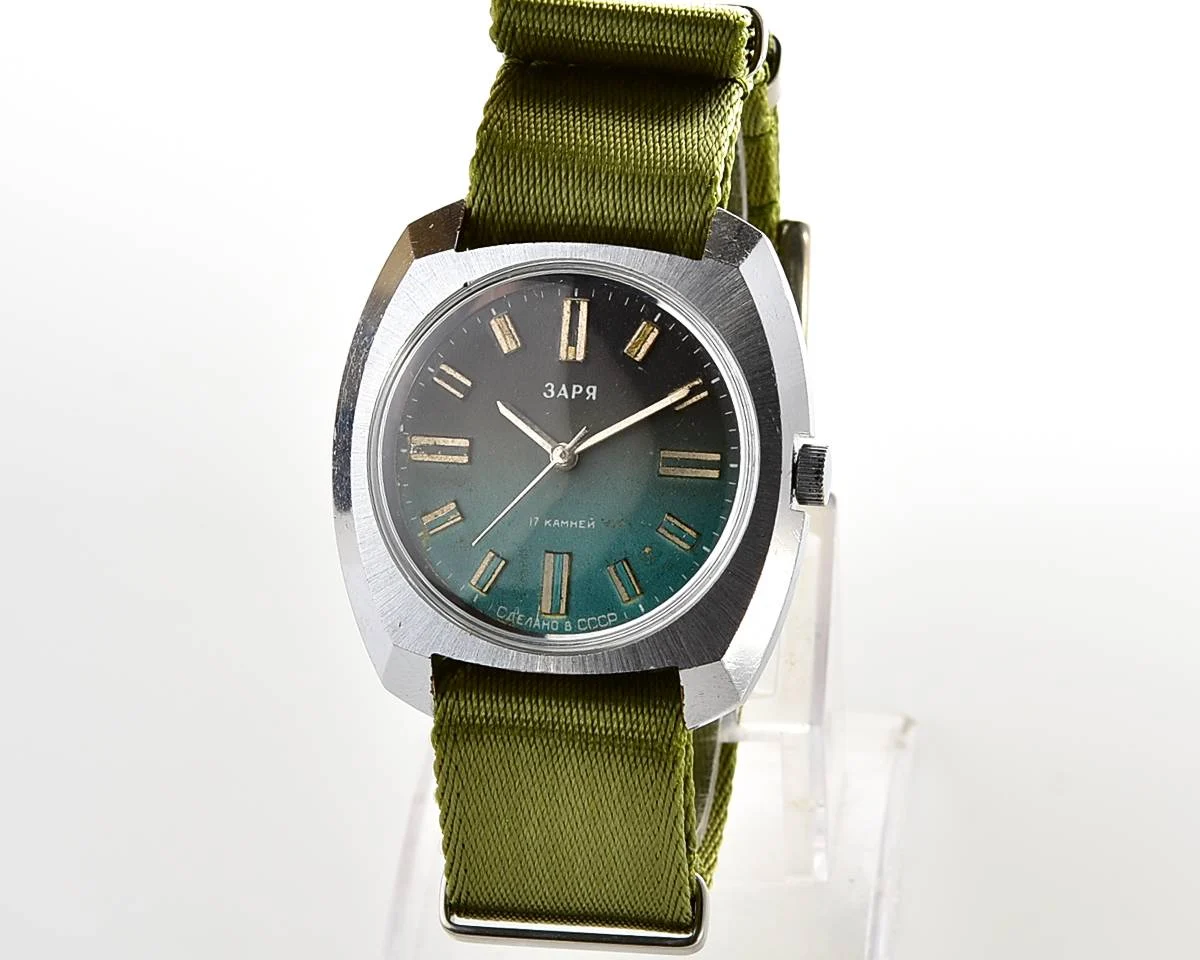 Vintage Soviet mechanical Zaria watch with teal dial