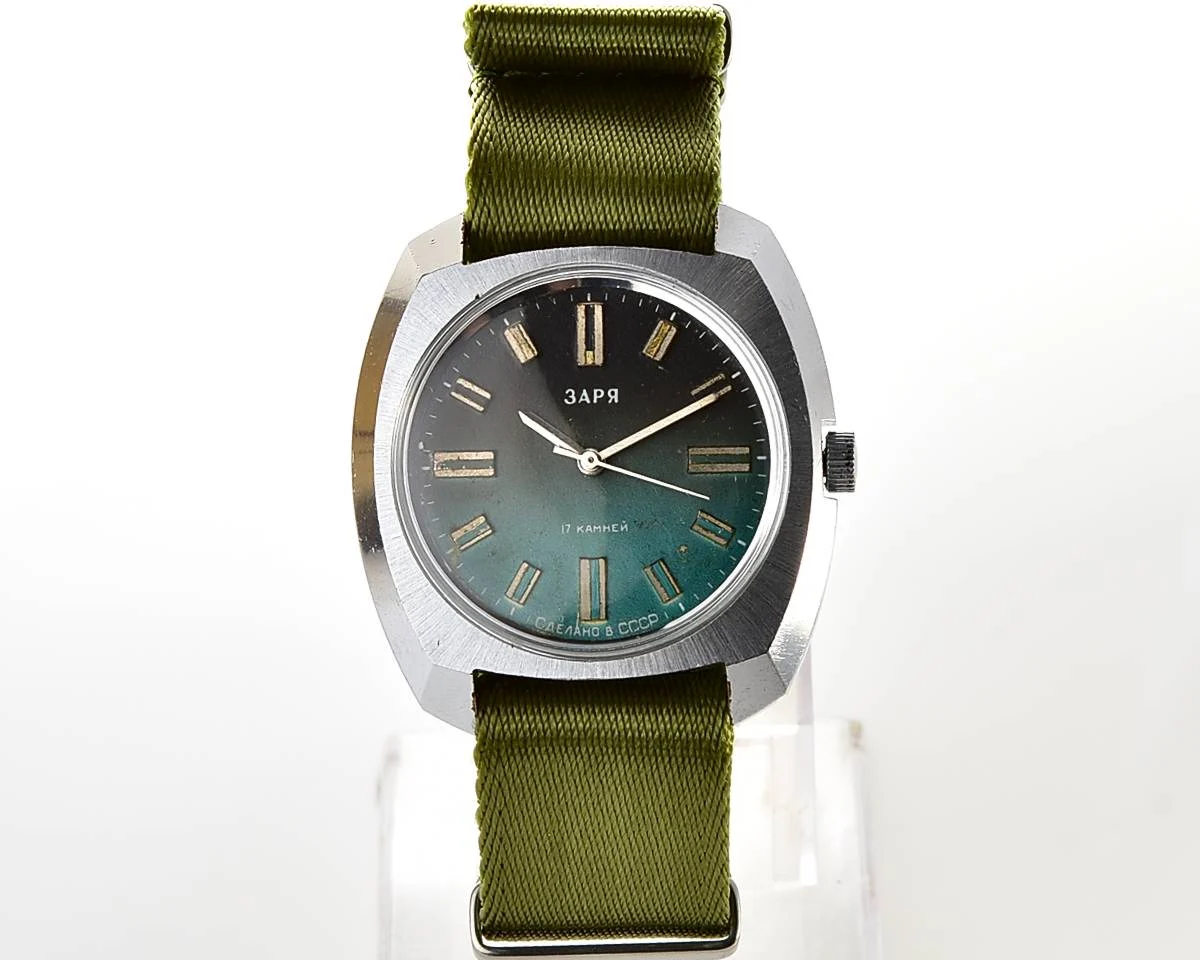 Vintage Soviet mechanical Zaria watch with teal dial