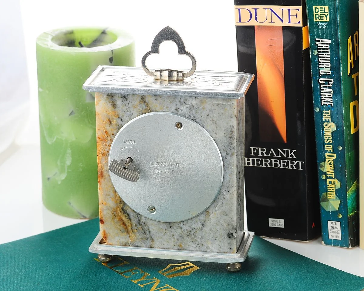 Vintage Molnija grey marble mechanical table clock with 12 days power reserve!