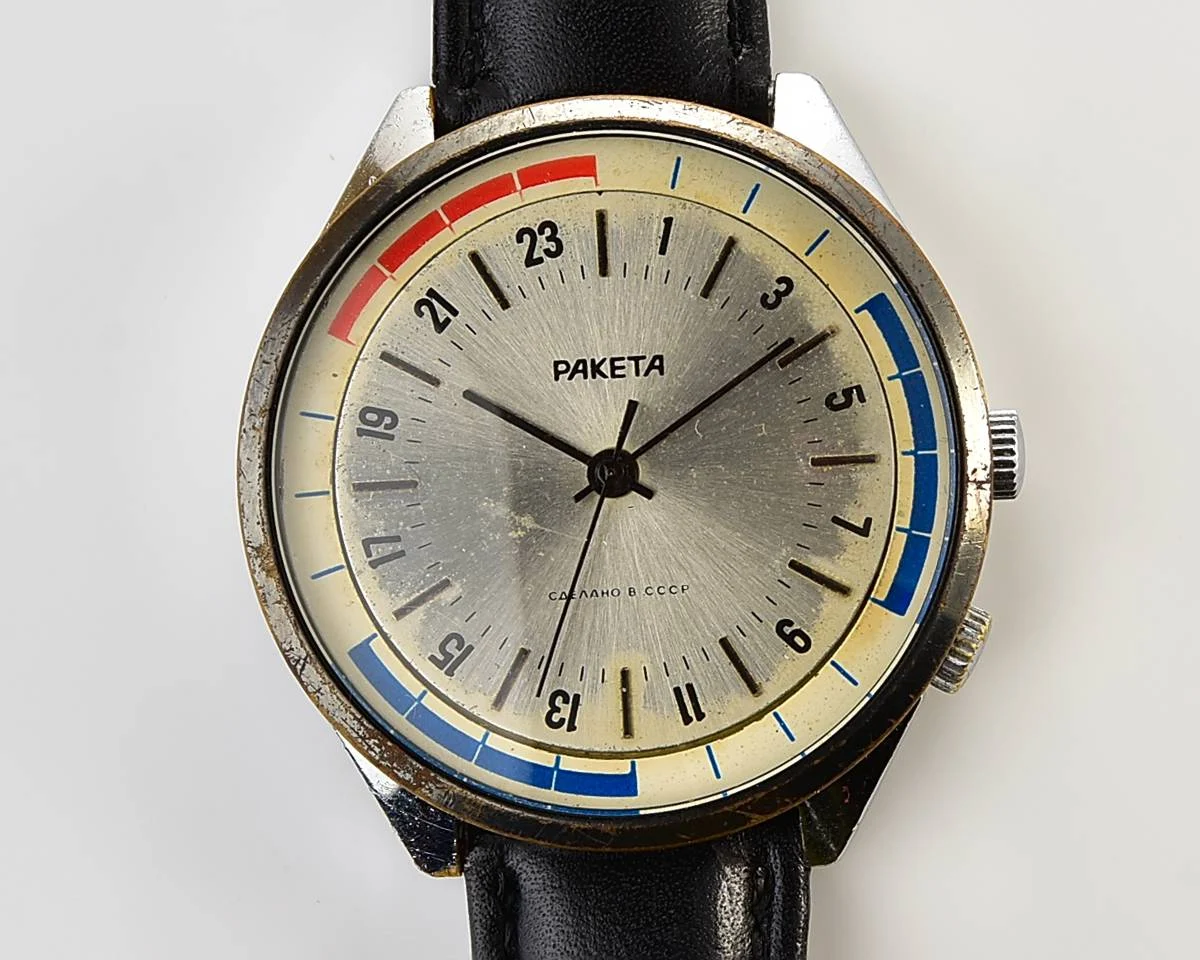 Vintage mechanical Raketa watch with 24 hours dial