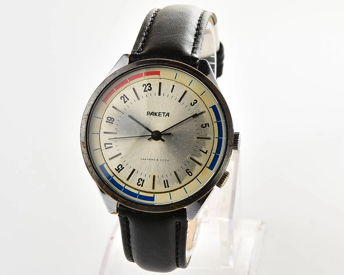 Vintage mechanical Raketa watch with 24 hours dial