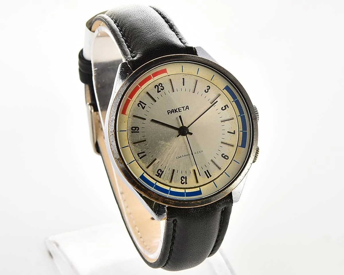 Vintage mechanical Raketa watch with 24 hours dial