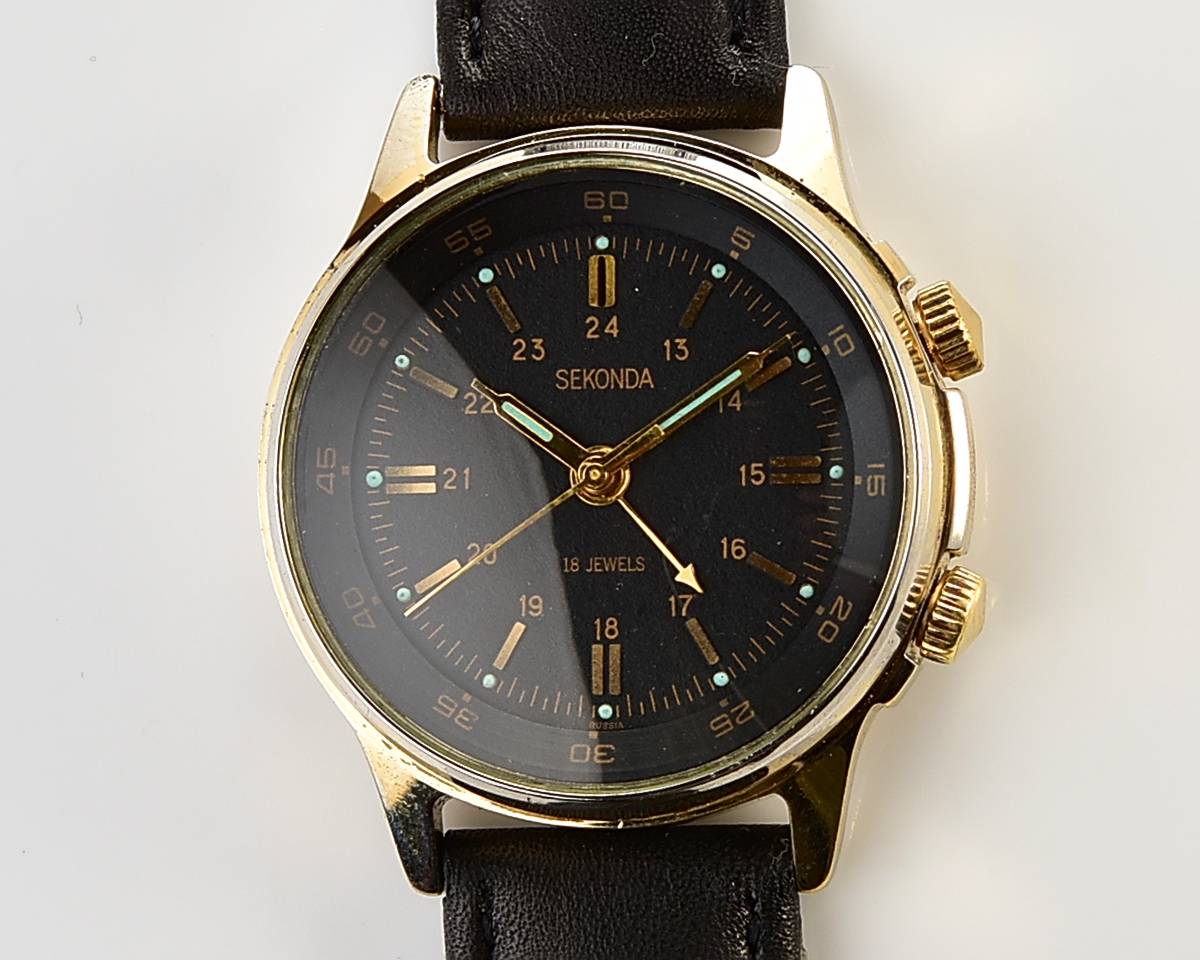 Soviet vintage SEKONDA (POLJOT) gold-plated wrist watch with alarm clock!