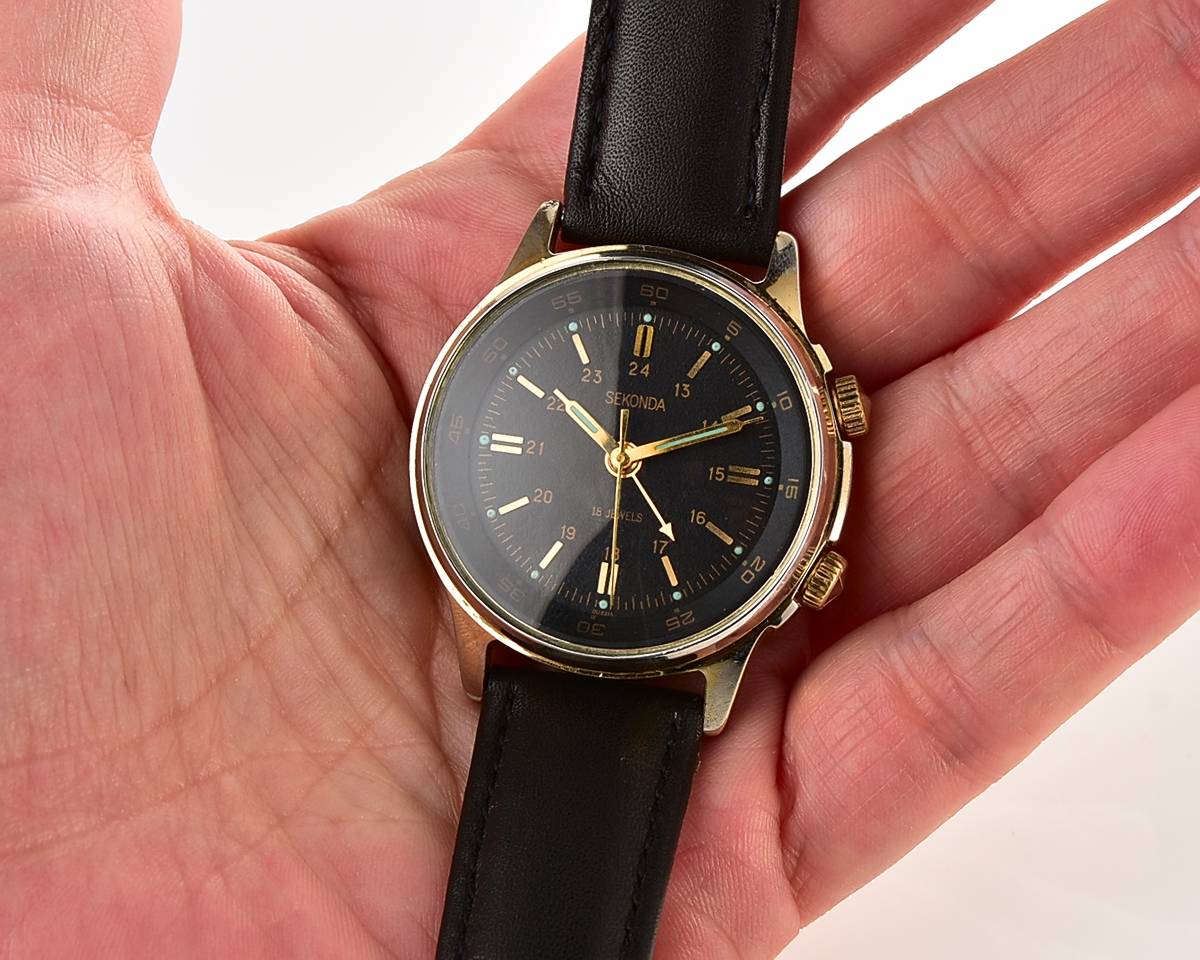 Soviet vintage SEKONDA (POLJOT) gold-plated wrist watch with alarm clock!