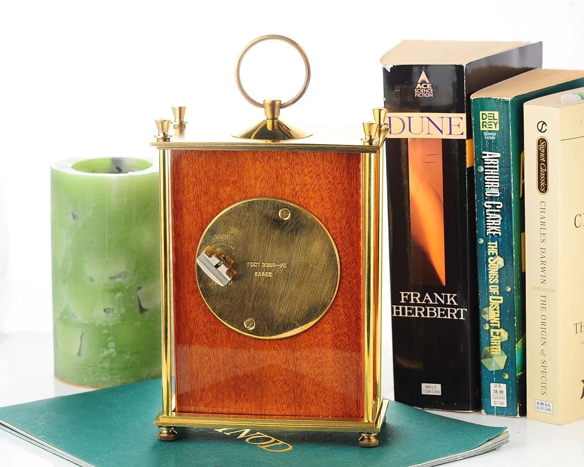 Vintage Molnija mechanical table clock in wood & hand polished brass, with 12 days power reserve!