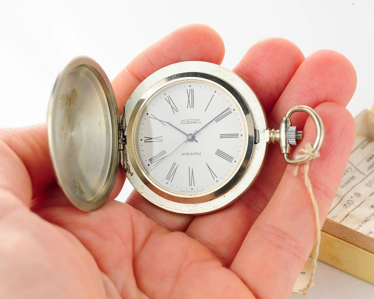 Soviet Raketa open face pocket quartz watch