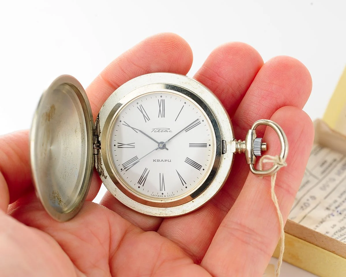 Soviet Raketa open face pocket quartz watch